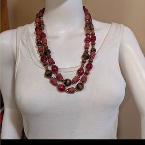 Vintage handcrafted layered reds browns treated wood bead necklace